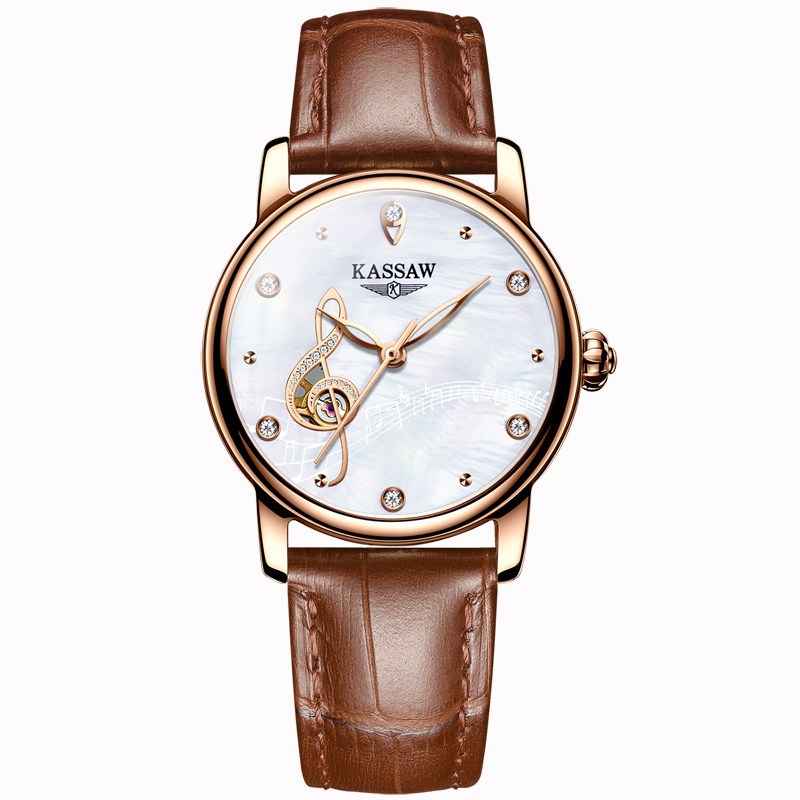 卡梭(KASSAW)手表女表自动机械表商务LOVE系列音符女士表时尚潮流镶钻皮带防水夜光K815L 棕色
