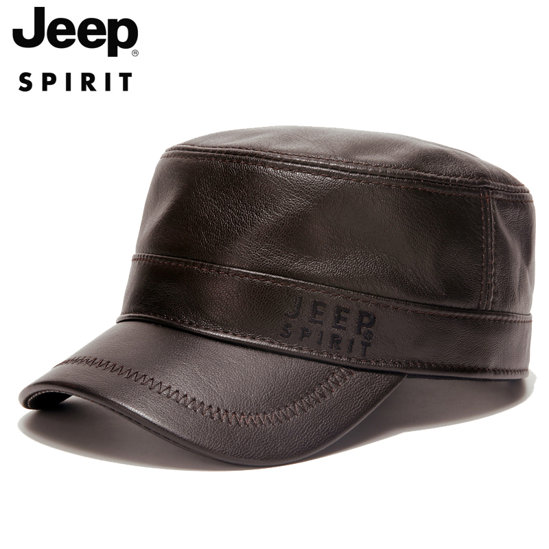 jeep吉普平顶帽羊皮真皮帽男军帽加厚中老年人冬天爸爸保暖休闲帽子