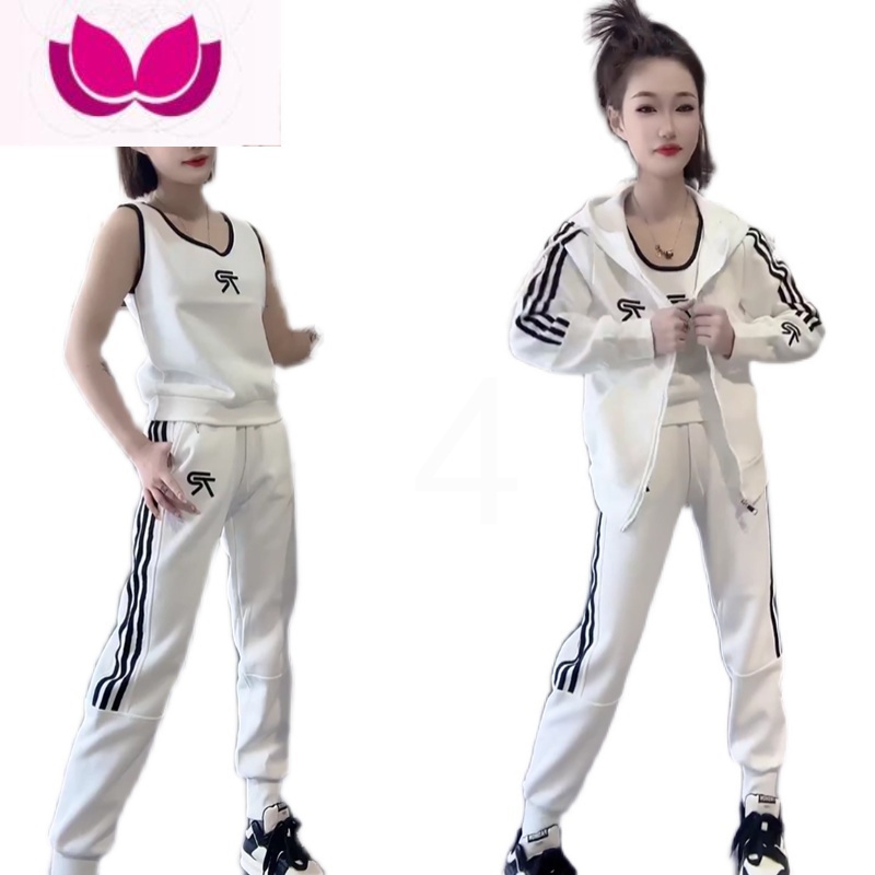七斓运动套装女2023春季新款网红时尚刺绣字母连帽开衫砍袖打底三件套高清大图