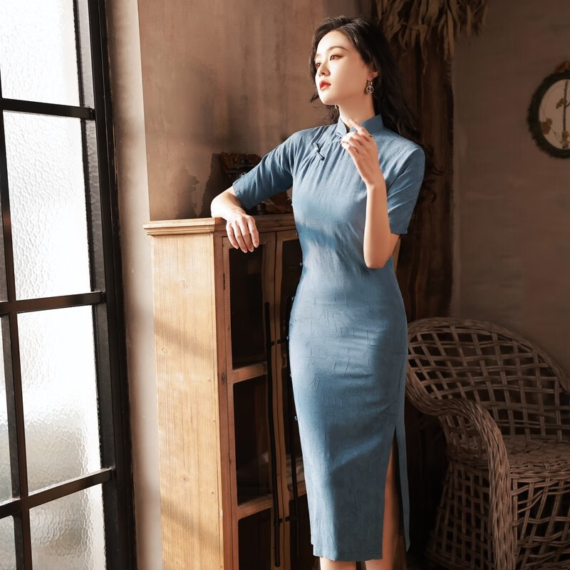 紫雨琪品牌真丝旗袍改良版新款连衣裙女春夏款短袖立领传统开叉长裙
