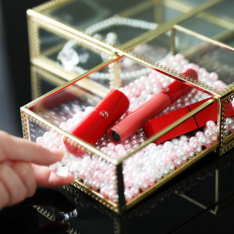 梳妆台玻璃化妆品收纳盒 桌面口红护肤品透明整理盒置物架高清大图