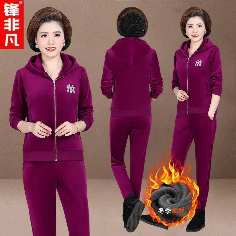 锋非凡品牌妈妈冬装金丝绒套装女中老年加绒加厚洋气双面绒连帽外套40岁50两件套潮