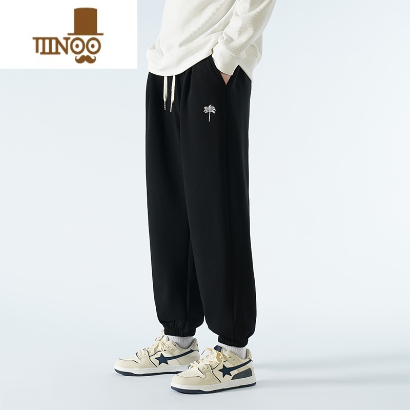 YANXU运动裤子男士款刺绣休闲长裤束脚卫裤美式大码潮牌黑色高清大图