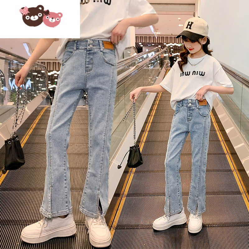 绿彩虹光女童裤子薄款夏2022年洋气儿童休闲裤潮春秋时髦喇叭裤童装牛仔裤