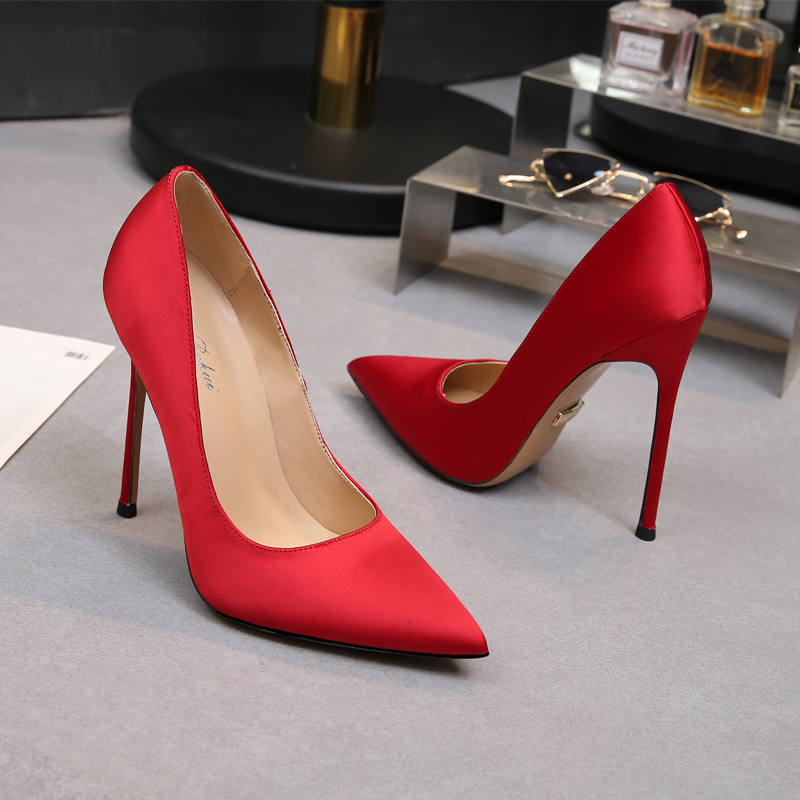 林先森黑色超细跟绸缎10厘米性感8m宴会尖头高跟鞋女细跟春秋9百搭单