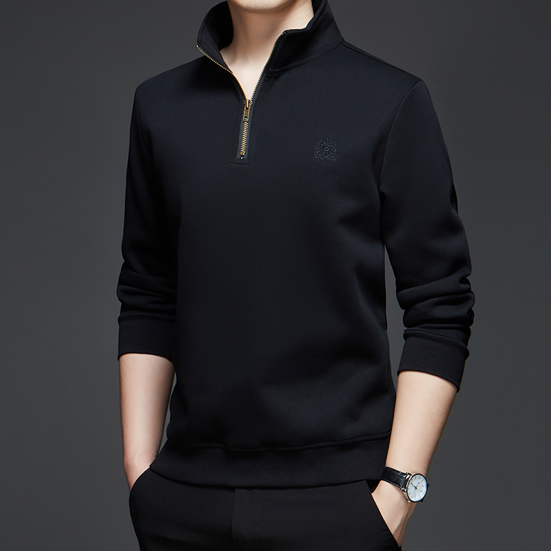 啄木鸟半拉炼纯棉休闲上衣男秋冬季新款宽松长袖上衣中年内搭打底衫衣高清大图