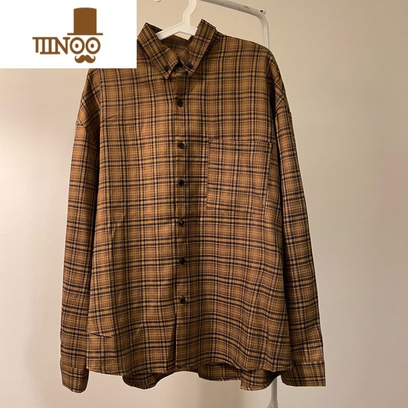 YANXUMASD日系复古咖色格子长袖衬衫男潮ins情侣宽松复衫YX高清大图