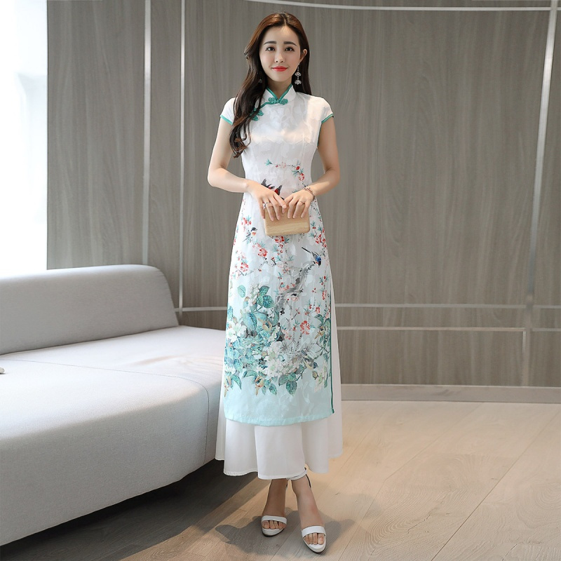 越南旗袍奥黛长款日常女士新品女夏款复古修身大码印花雪纺连衣裙