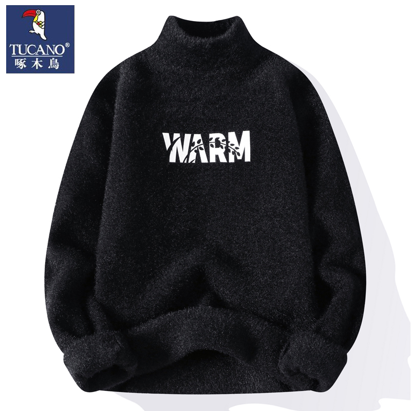 啄木鸟半高领毛衣男冬季纯色保暖水貂绒针织衫秋冬男士加厚打底衫 237字母黑色 M80-100斤左右