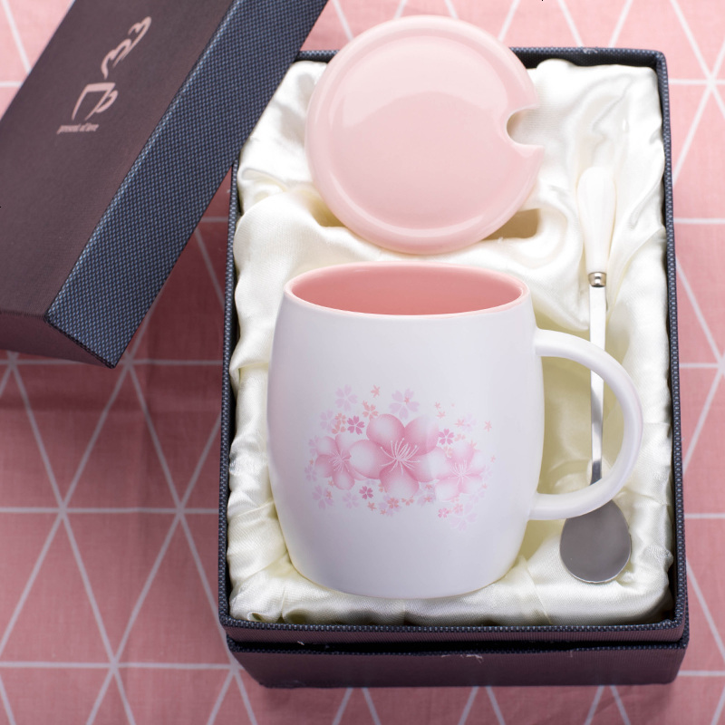 简约樱花陶瓷杯带盖带勺马克杯韩版潮流咖啡杯办公室喝水杯女学生