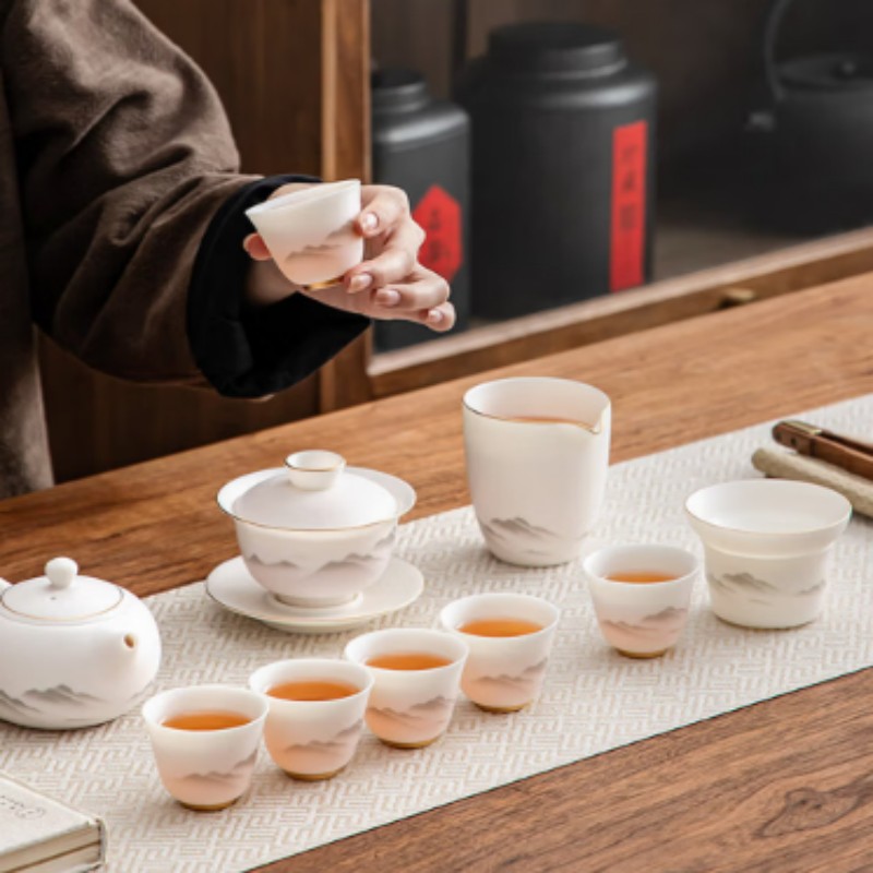 金镶玉家居器皿陶瓷茶具套装手工雕刻玉质镶嵌轻奢中式茶盘礼盒装高清大图