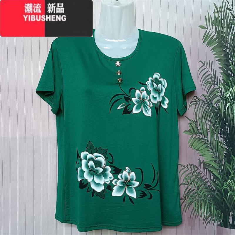 YIBUSHENG莫代尔妈妈短袖t恤中老年女装背心圆领弹力宽松奶奶汗衫老年上衣高清大图