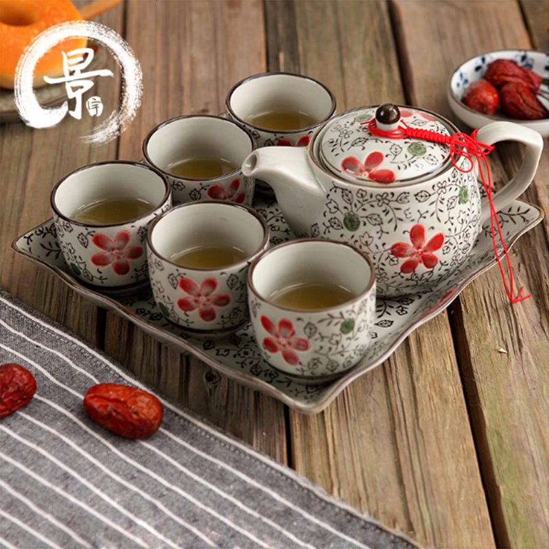 日式和风4色过滤网茶具 景德镇陶瓷创意凉水壶泡茶茶壶茶杯复古
