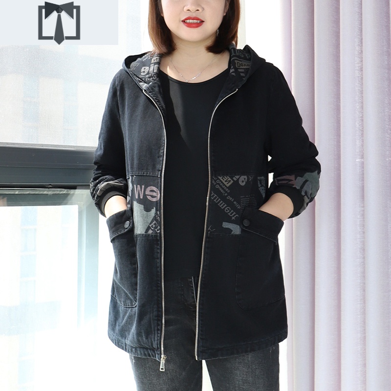 SUNTEK胖妈妈春装牛仔外套女2021新款洋气中长款中年春秋装大码连帽风衣风衣
