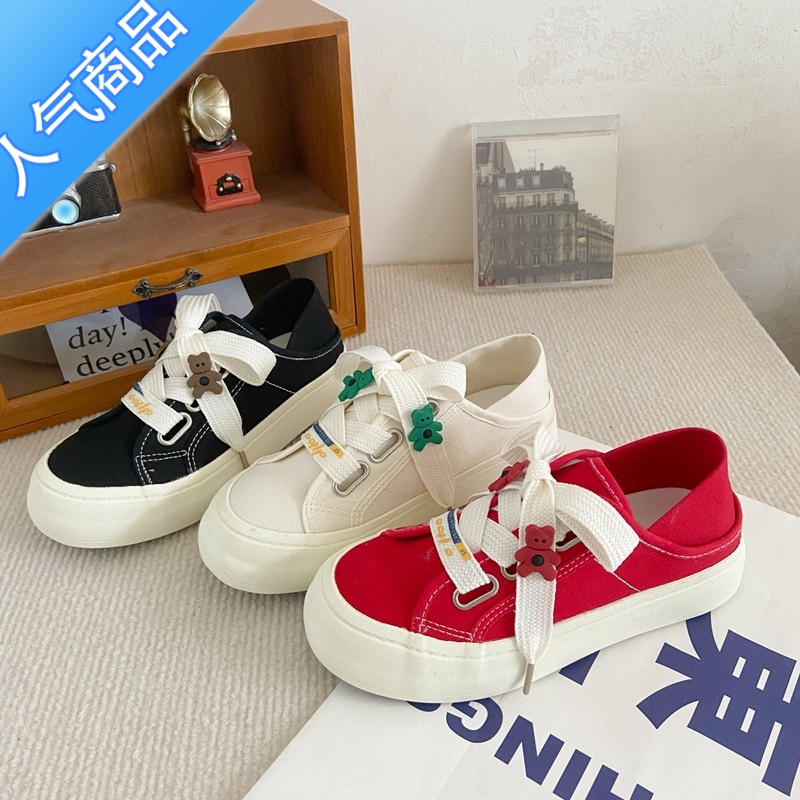 SUNTEK帆布鞋女2023新款夏季薄款透气厚底小白鞋小众休闲踩脚半拖鞋高清大图