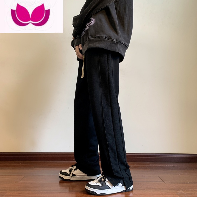 七斓纯黑色裤子男高街vibe高级感设计感美式卫裤直筒垂感开叉微喇长裤