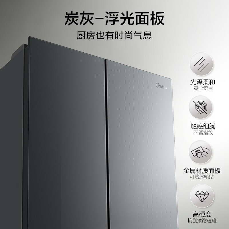 [自营]美的冰箱60cm薄501十字四开门一级变频风冷无霜智能家用大容量电冰箱BCD-501WSPM(Q)炭灰-浮光高清大图