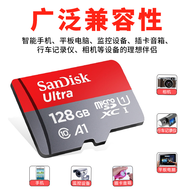 闪迪(SanDisk)A1 手机内存卡128G 读速120M/s 高速移动MicroSDHC UHS-I存储卡 TF卡高清大图