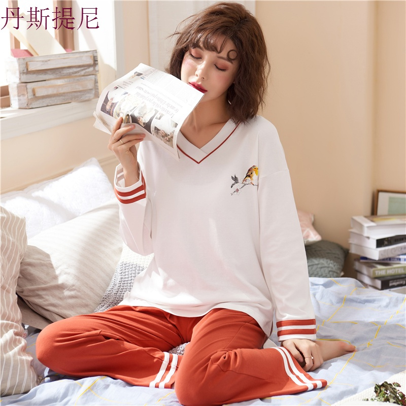 睡衣女秋纯棉长袖韩版清新学生薄款可外穿全棉春秋天夏家居服套装
