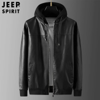 JEEPSPIRIT吉普男士皮衣春秋季连帽水洗皮外套休闲帅气棒球夹克._496 M 黑色
