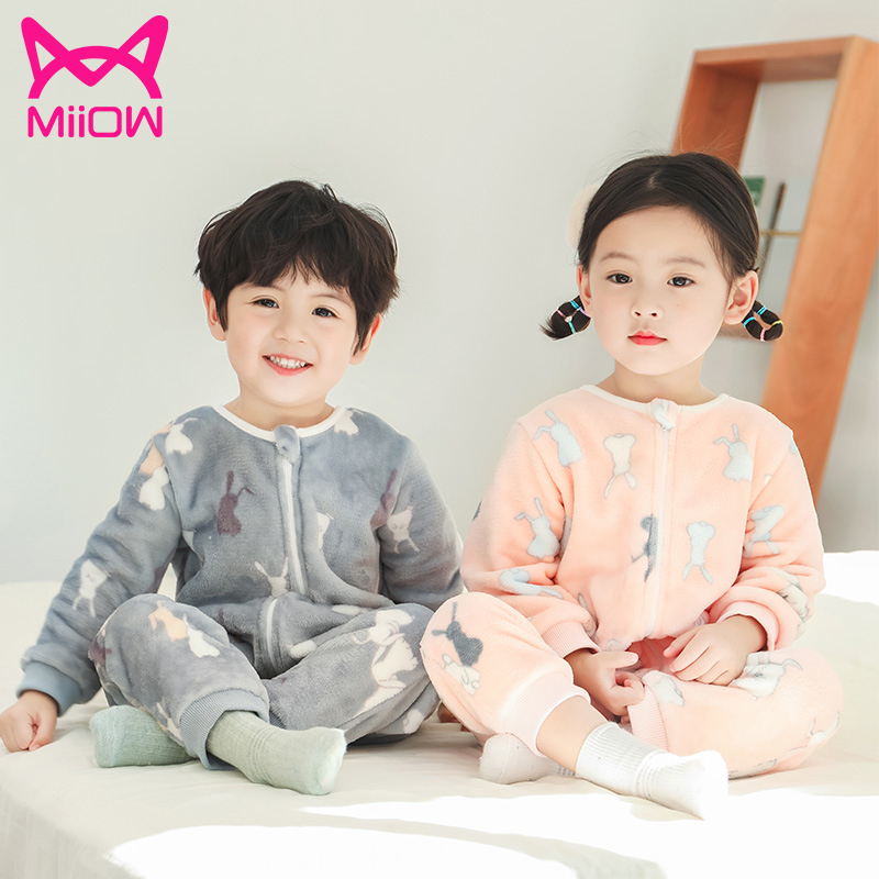 猫人儿童连体睡衣宝宝法兰绒加绒加厚家居服秋冬婴儿睡袋珊瑚绒