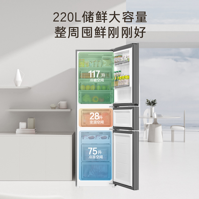 海尔(Haier)220升三门冰箱苏黎金彩晶面板自动除霜独立式电脑控温彩色屏BCD-220WGHC3E9Y1高清大图