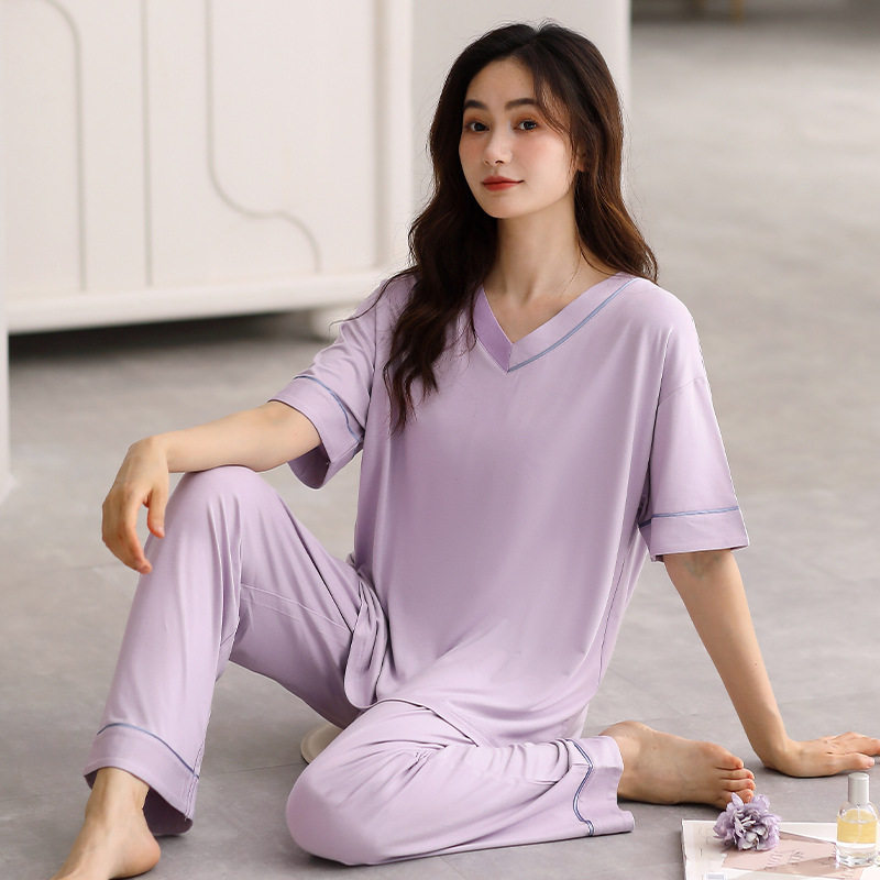 女夏季新款短袖长裤套装简约纯色甜美女V领家居服春夏薄款高清大图