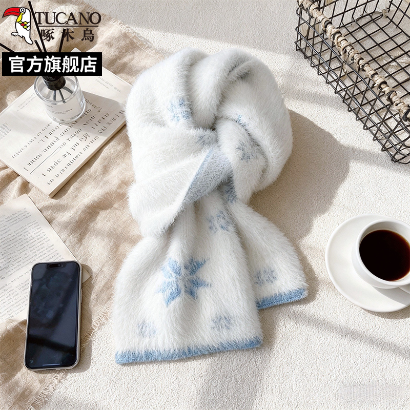 啄木鸟2025新款蓝色雪花围巾女秋冬季保暖百搭氛围感毛绒学生围季高清大图