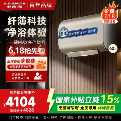 A.O.史密斯电热水器60升 超薄双胆扁桶储水式家用洗澡速热 智能控制HGE 3000W MAX增容 HGE