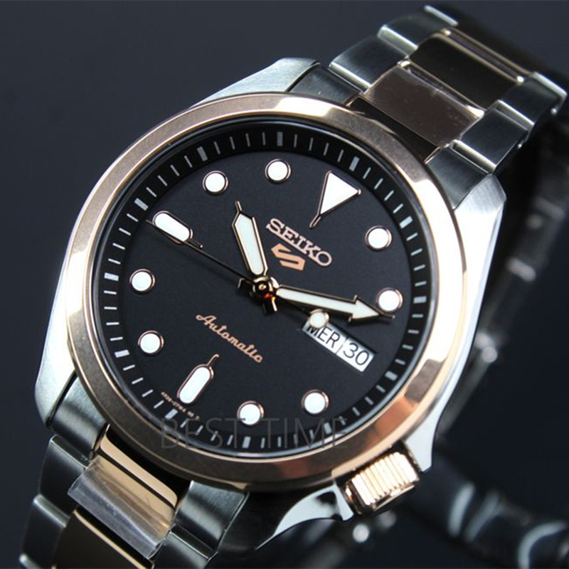 官方正品精工seiko男士自动机械手表黑盘40mm防水100m间金玫瑰金色拼
