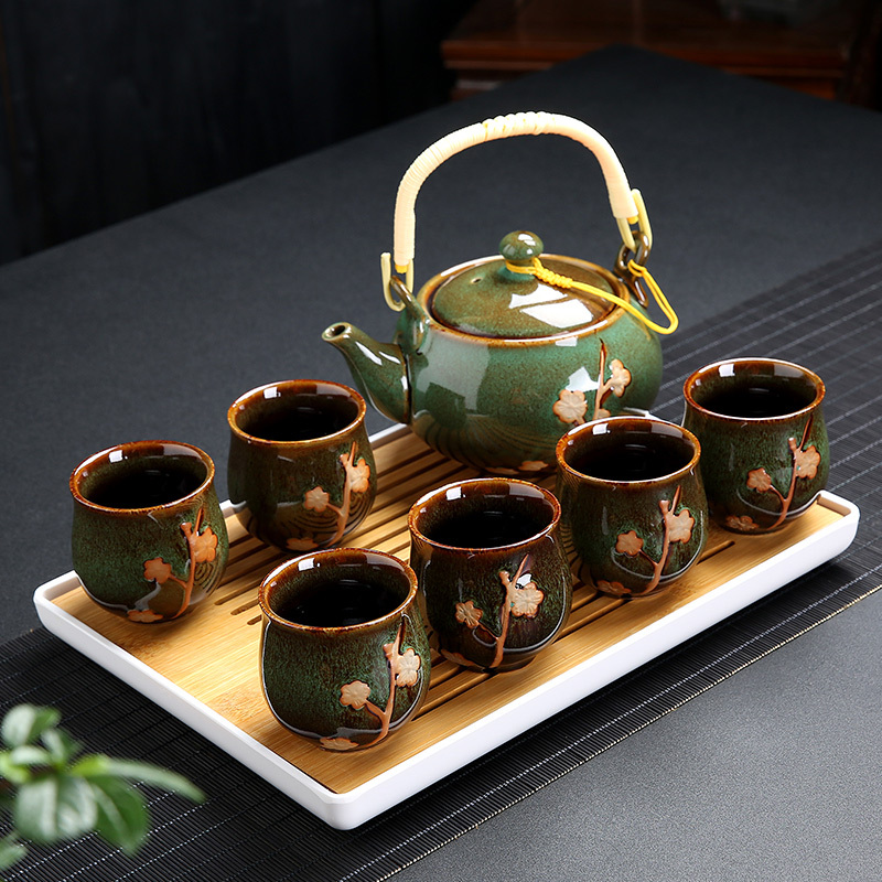 茶具套装家用陶瓷杯提梁茶壶现代简约6只装大杯子冷水壶干泡茶盘|蓝色梅花款套装+长方茶盘(收藏送滤网壶绳茶巾) 10件