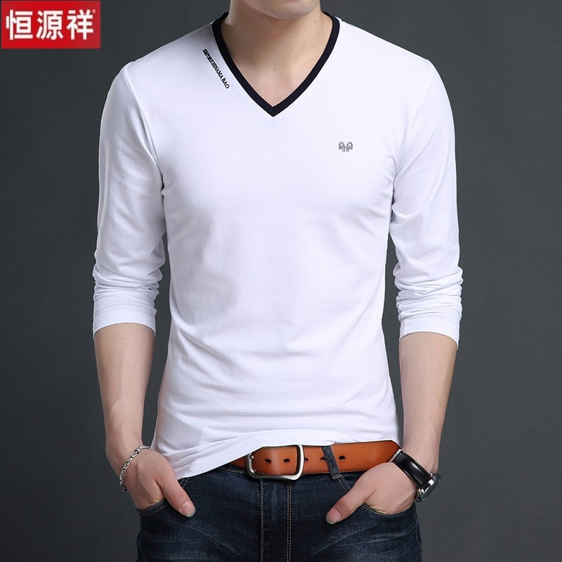 恒源祥秋季青年男士长袖t恤v领纯棉修身上衣鸡心领中年体桖打底衫