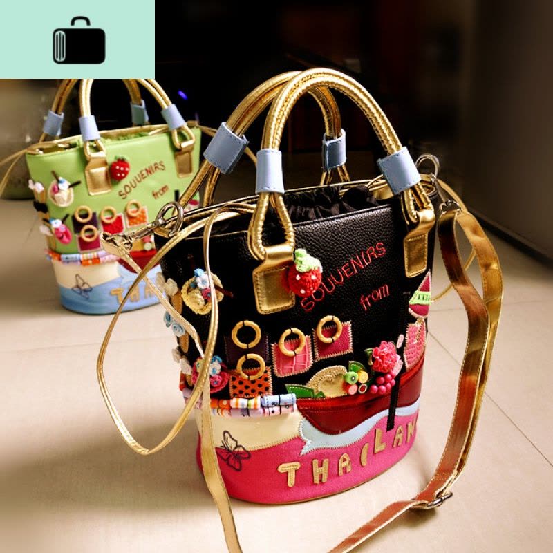 2020新款韩版女包手工刺绣撞色抽带潮流单肩包手提包斜挎包水桶包NEW LAKE女斜挎包图片