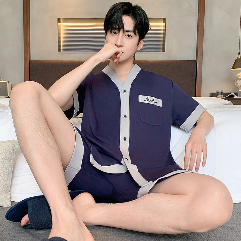 新款大码开衫男士睡衣V领短袖短裤薄款秋夏可外出休闲透气家居服