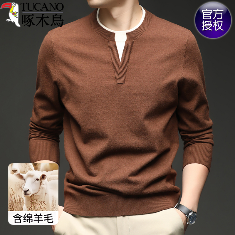 啄木鸟春秋季新款中年男士针织衫爸爸装假两件羊毛衫宽松长袖毛啄高清大图