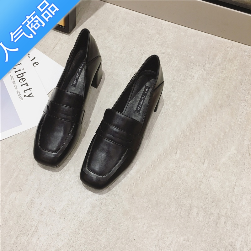 SUNTEK女乐福鞋2023年新款春秋季高跟方头一脚蹬中跟英伦粗跟单鞋小皮鞋