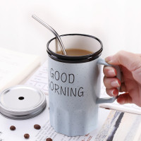 贝瑟斯 不锈钢吸管陶瓷马克杯带盖办公室喝水杯咖啡杯牛奶杯