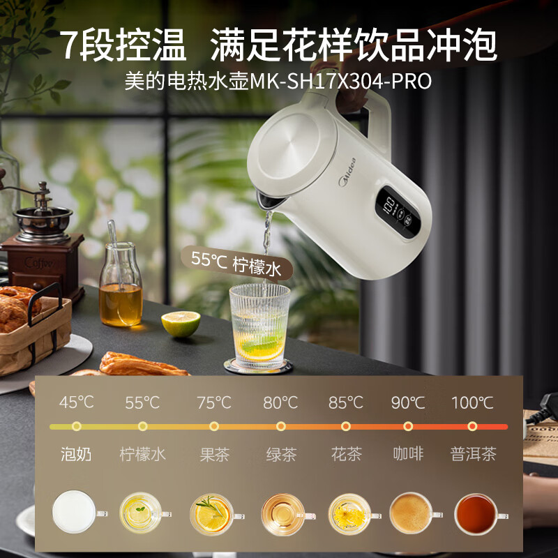 美的(Midea)电水壶316不锈钢电热水壶1.7升保温烧水壶开水壶烧开水壶7段温度可控SH17X304-PRO高清大图