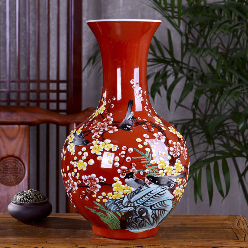 彩帮景德镇手绘陶瓷器花瓶插花中式家居客厅玄关电视柜装饰摆件礼物 黄色赏瓶