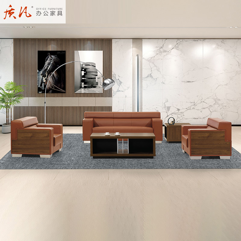 质凡办公沙发简约现代三人位组合办公室接待区皮艺沙发西皮双色高清大图