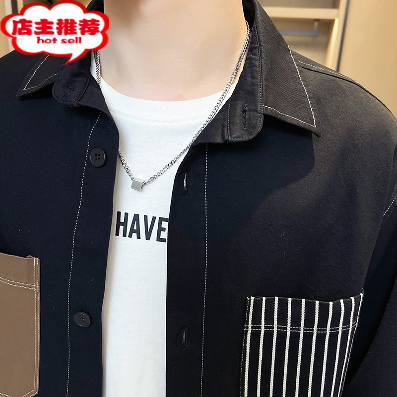 SHANCHAO痞帅拼色夹克外套潮牌男士高级感休闲衬衫百搭帅气早春季男装2023