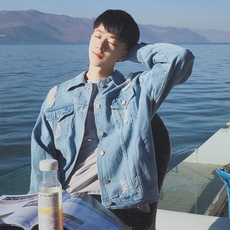 牛仔外套男韩版潮流学生日系复古宽松破洞bf风衣服乞丐破洞
