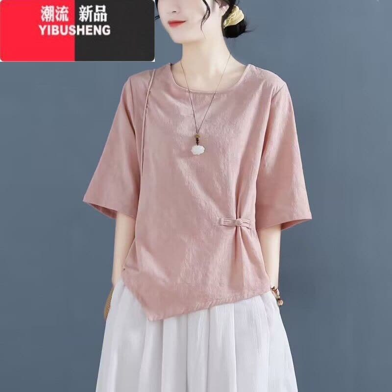 YIBUSHENG提花棉麻上衣女短袖t恤款盘扣文艺复古宽松显瘦不规则衣服图片
