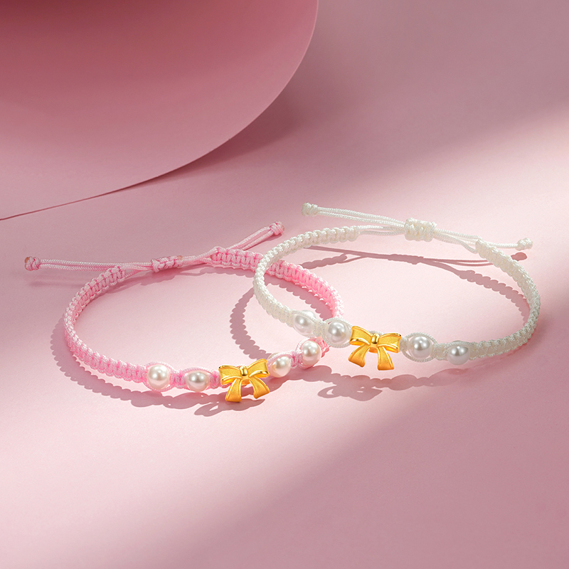 梦金园在逃公主蝴蝶结黄金转运珠甜美少女心编绳足金送女友手链生日