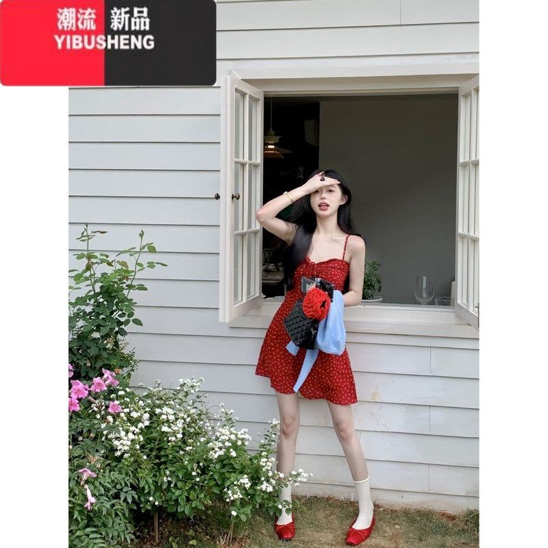 YIBUSHENG复古辣妹碎花褶皱吊带连衣裙女装季修身收腰A字裙短裙图片