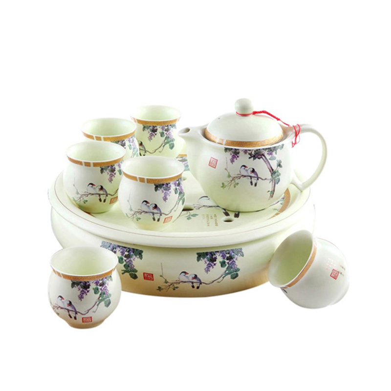 彩帮 景德镇陶瓷 整套陶瓷茶盘 双层隔热茶杯套餐 景德镇汝窑功夫茶具套装丁香家用其他否、礼品带盘茶具
