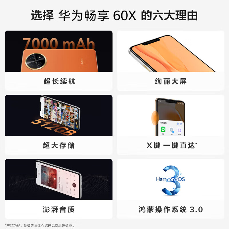 华为畅享60X 256GB 皓月银 7000mAh长续航 6.95英寸 影音大屏 鸿蒙系统 移动联通电信全网通智能手机高清大图
