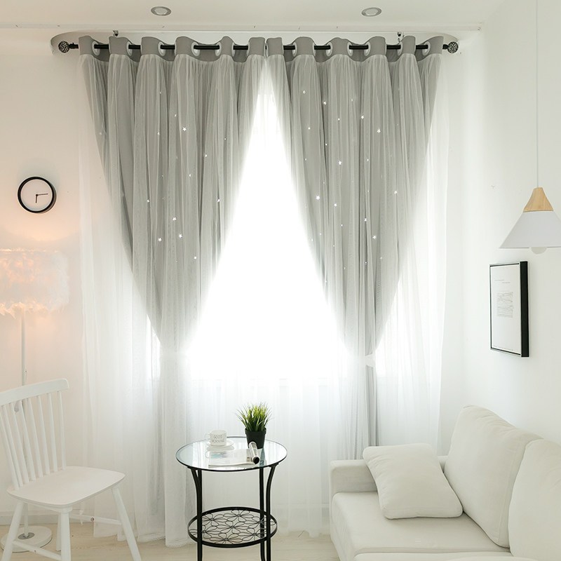 美帮汇北欧现代简约全遮光双层飘窗卧室客厅镂空星星公主风窗帘 灰色丽莎星星 宽3.5x高2.7打孔一片（可改短））
