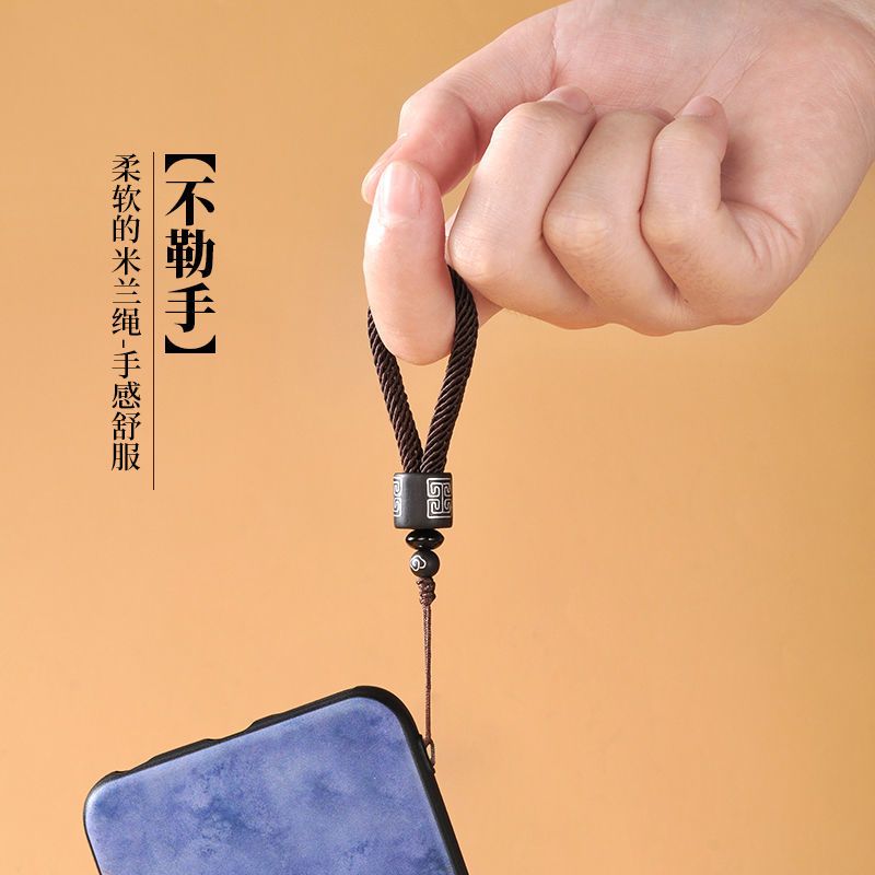 质量好不勒手工编织手机指环挂绳短款黑檀木挂件男女轻奢古风挂饰 檀木+镶嵌[黑色] 单条