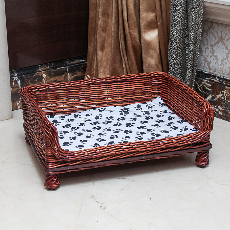 狗窝藤编可拆洗春夏凉席垫狗房宠物床猫屋泰迪大中小型犬四季通用 红棕擦色窝+垫子 三号（体长60cm体25斤以内